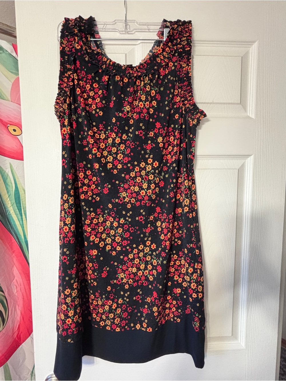 Allen B Floral Sleeveless Shift Dress - Black with Red & Orange Flowers. Medium